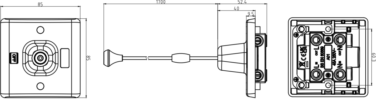 45A DP Pull Cord Switch with Neon and Mechanical On/Off SN8310N