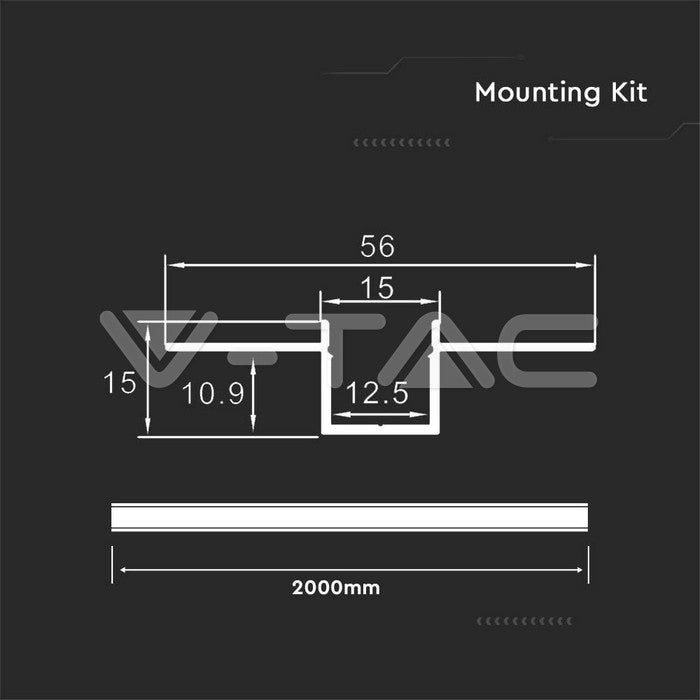 LED Strip Mounting Kit With Diffuser Aluminum 2000*55*15mm Silver Body