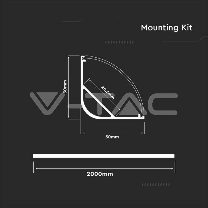 LED Strip Mounting Kit With Diffuser Aluminum Milky Gypsum Corner Round 2000mm