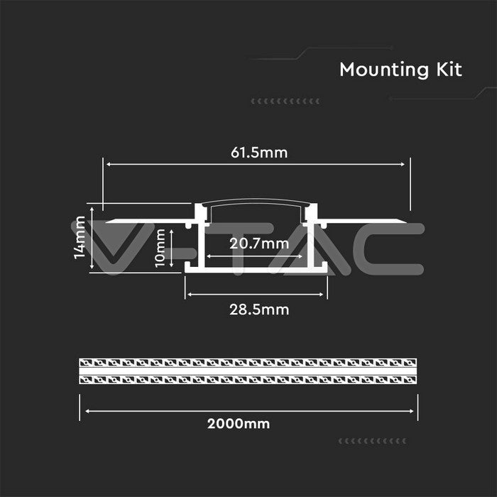 LED Strip Mounting Kit With Diffuser Aluminum Milky Gypsum Wide 2000mm