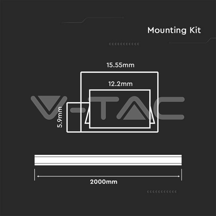 LED Strip Mounting Kit With Diffuser Aluminum 2000 x 16 x 7mm Milky