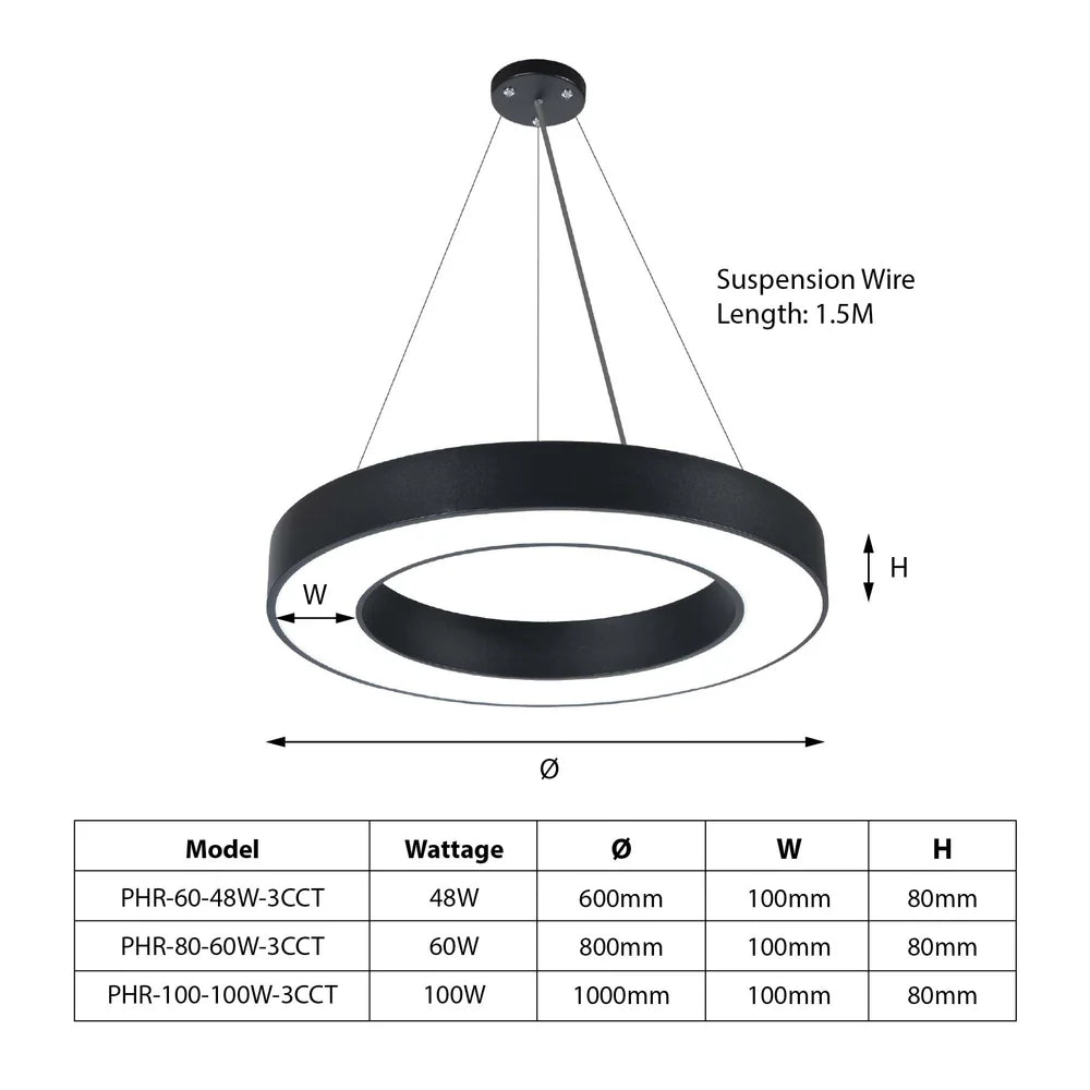 Black LED Halo Ring Pendant Light 3CCT