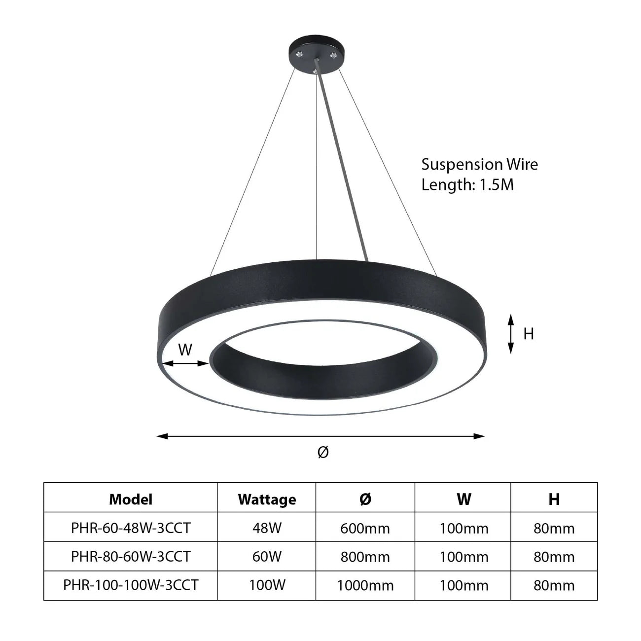 Black LED Halo Ring Pendant Light 3CCT